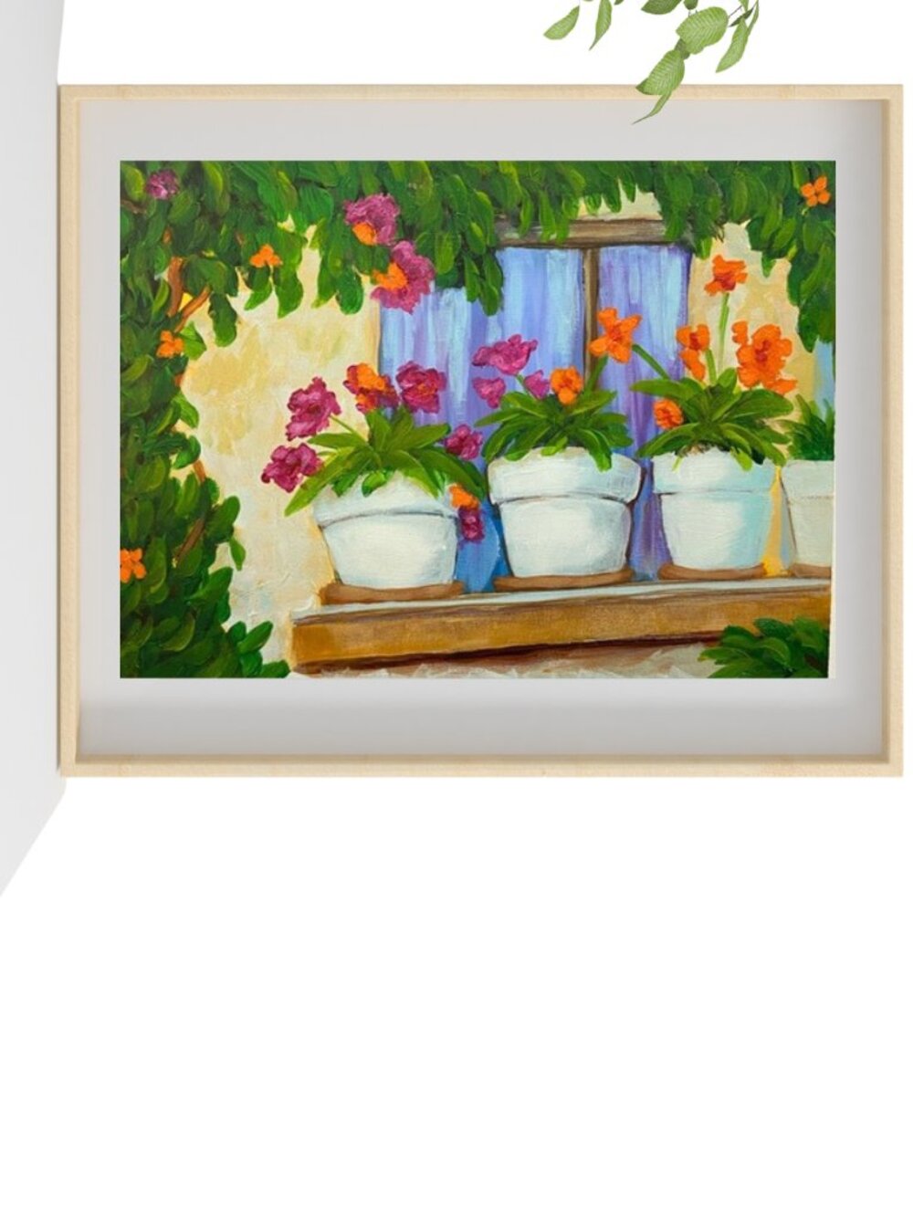 Hand Painted Balcony Garden White Pots  Pink & Orange Flowers Original Acrylic